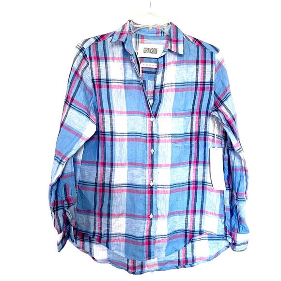 Grayson Threads The Hero 100% Linen Blue Plaid Button Down Top Anthropologie - Picture 12 of 12